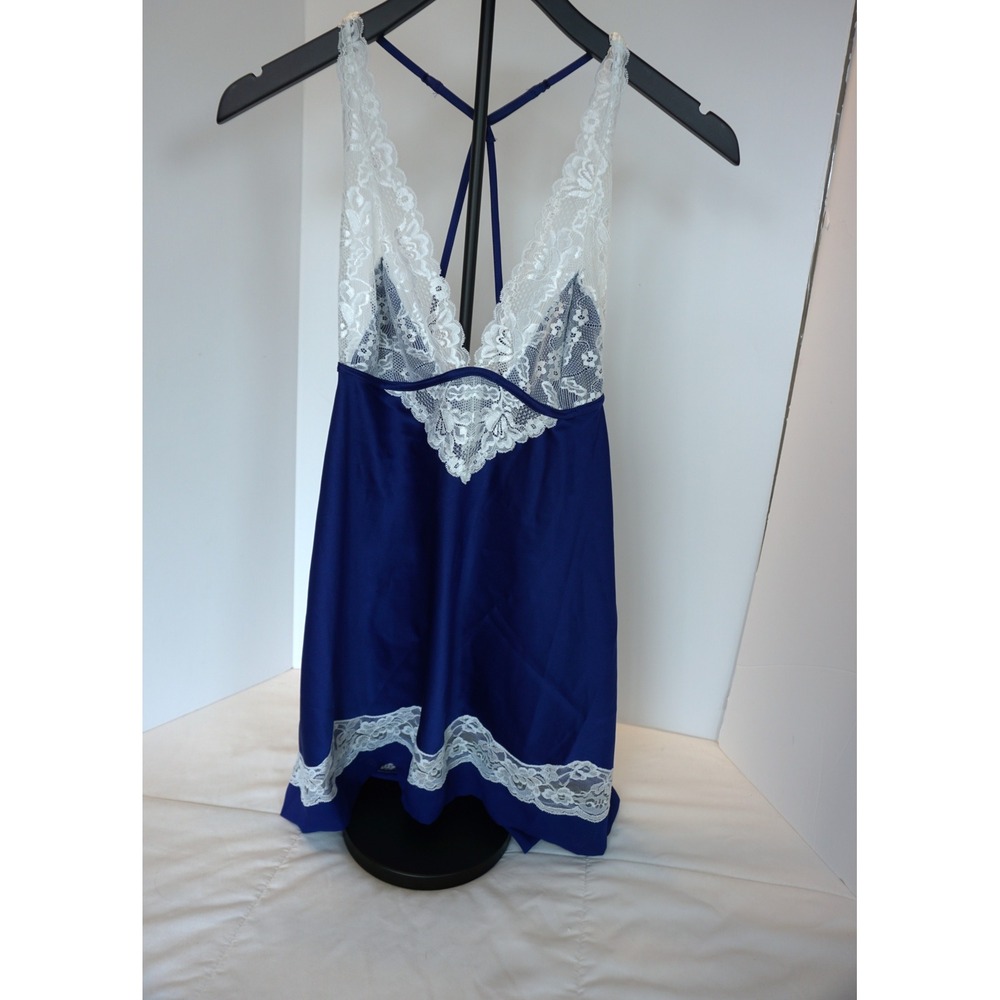 Cassandra Intimates Royal Blue Satin Lace Trim Chemise Nightgown Medium 999909